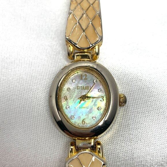 Vintage Gitanoe Womens Gold Tone Mother of Pearl Quartz Watch Diamond Accents - Picture 11 of 12